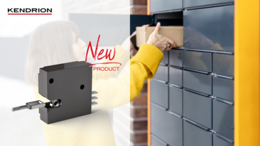 Illustration showing the Kendrion Ultra Compact Door Lock and typical applications including smart lockers, parcel lockers and medical cabinets. The locking system is designed for compact, battery-powered applications with low energy consumption.