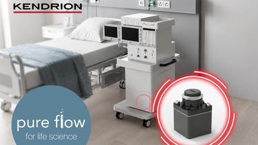 Hospital room with a ventilator and the Kendrion Pure Flow Pressure Regulator 48.3, a pressure regulator for ventilators and other medical devices requiring precise gas pressure control.