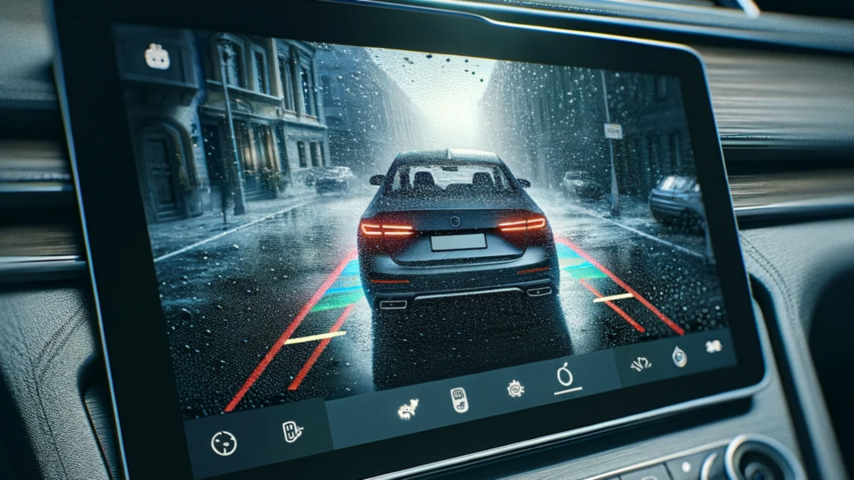 DALL·E 2024-01-29 20.05.38 - Create an interior view of a modern car from the driver's perspective, focusing on the in-dash screen displaying the rear view camera's output while r.png