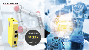 Kendrion Safety Architecture for Robotics with Safety PLC in front of a collaborative robot and digital industrial environment supporting ISO 10218:2025.