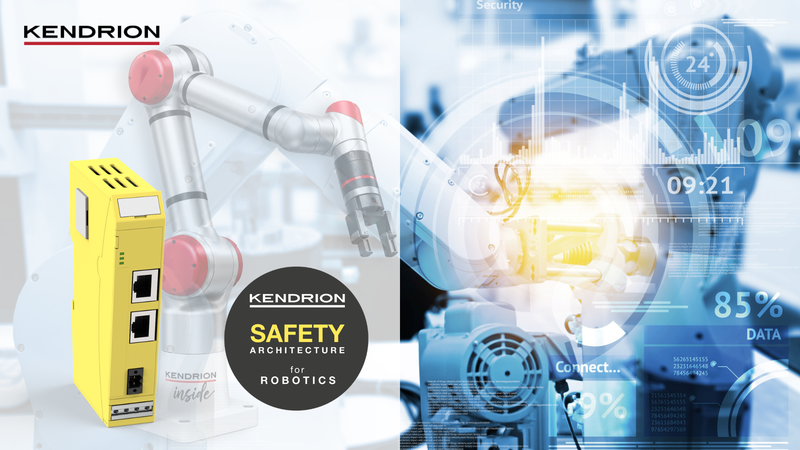 Kendrion Safety Architecture for Robotics – ISO 10218:2025 Kendrion Safety Architecture for Robotics with Safety PLC in front of a collaborative robot and digital industrial environment supporting ISO 10218:2025.